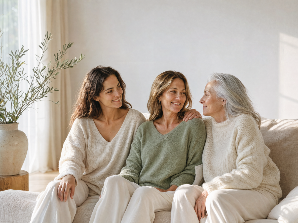Tres mujeres de diferentes edades sentadas relajadamente juntas en un sofá claro