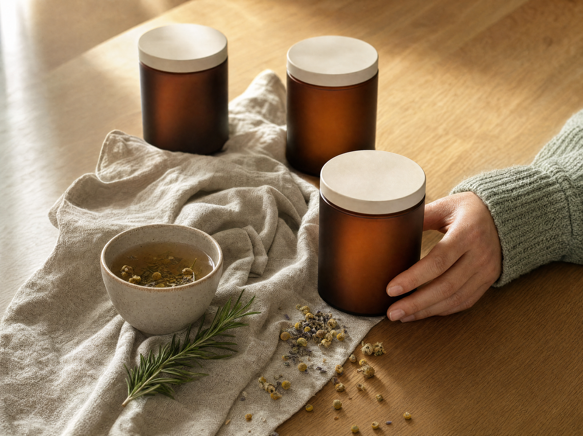 Tres frascos simples con tela de lino, té y romero sobre una mesa de madera