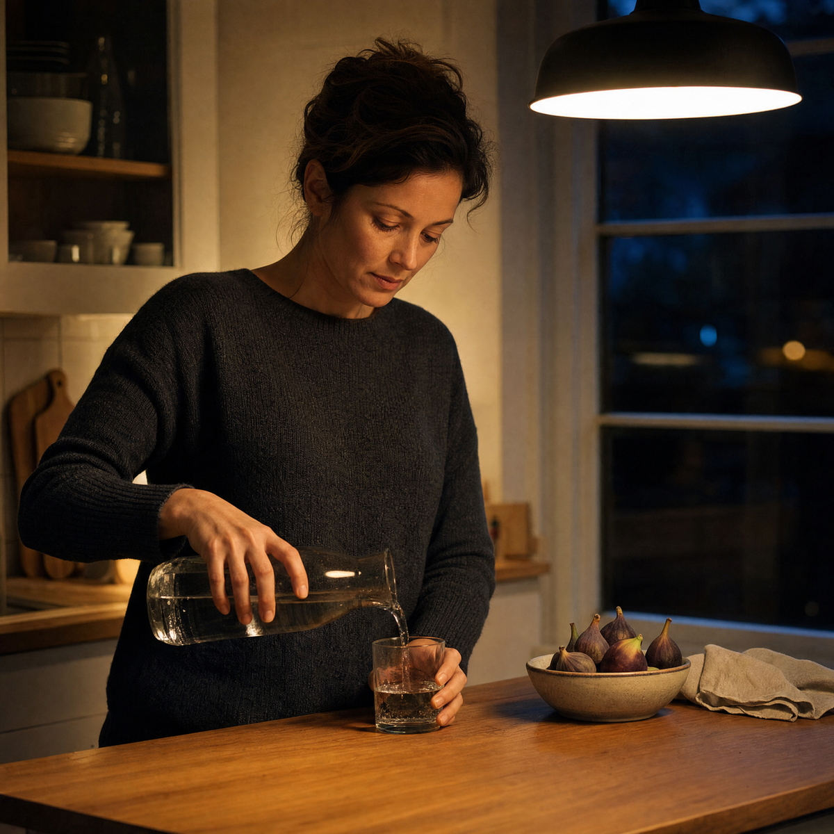 Mujer vertiendo agua en un vaso en la cocina por la noche