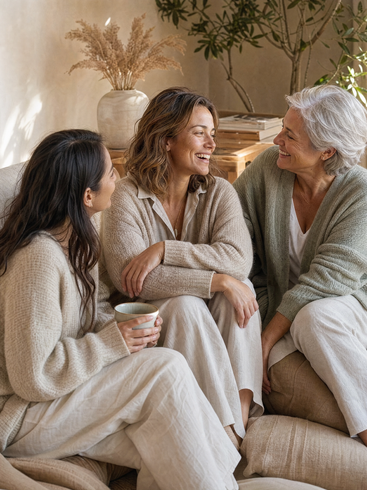 Three women of different ages sitting together on the sofa laughing