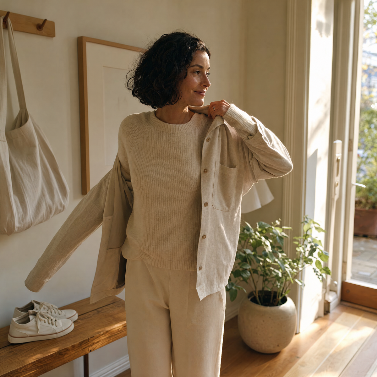 Woman putting on her jacket at the front door in the morning