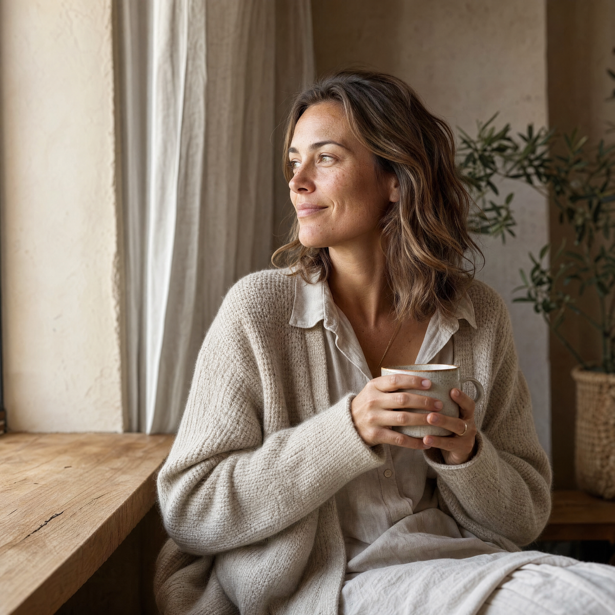 Woman sitting with a cup by the window looking outside relaxed