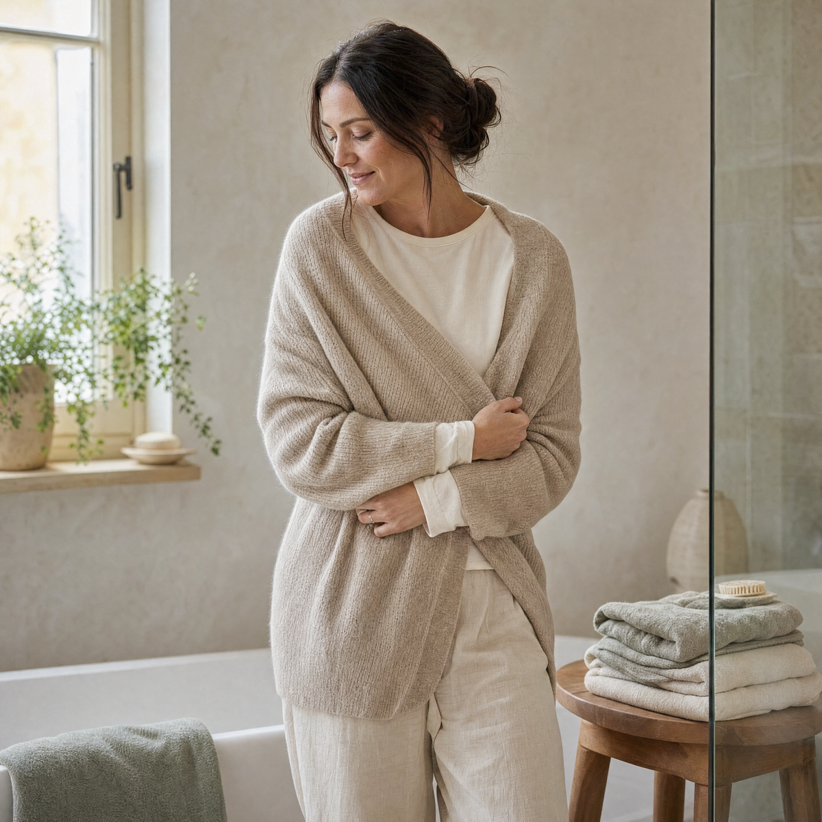 Woman in light loungewear putting on a cardigan in the bathroom