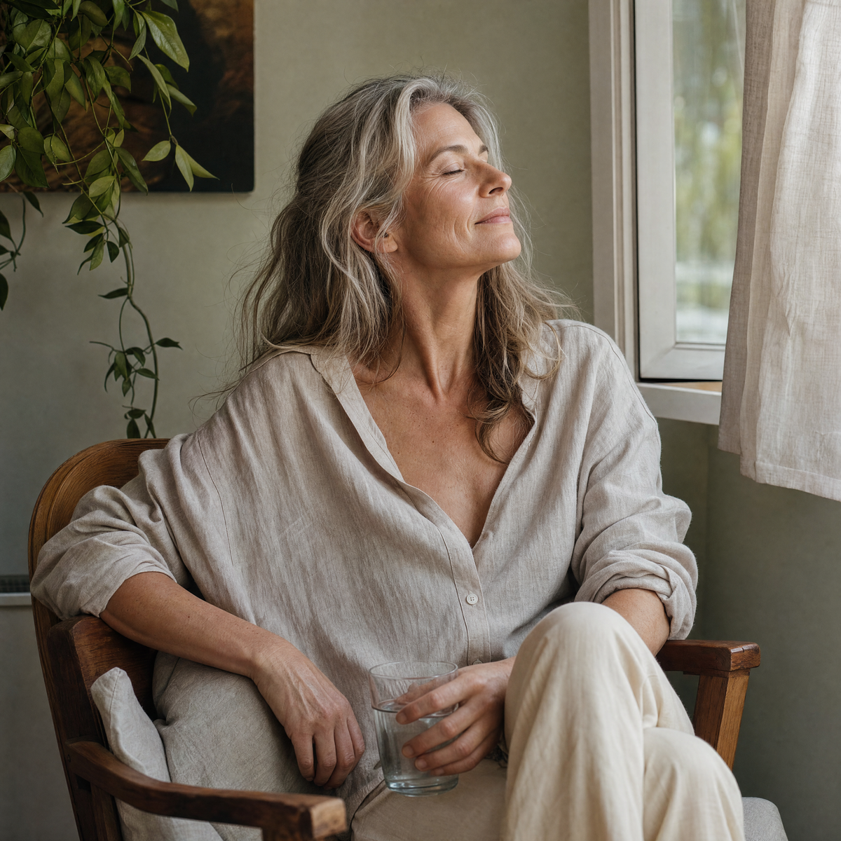 Woman with gray-blond hair sitting with a glass of water at an open window