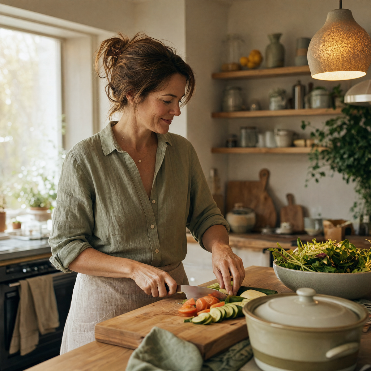 Woman cutting fresh vegetables in her kitchen in the evening