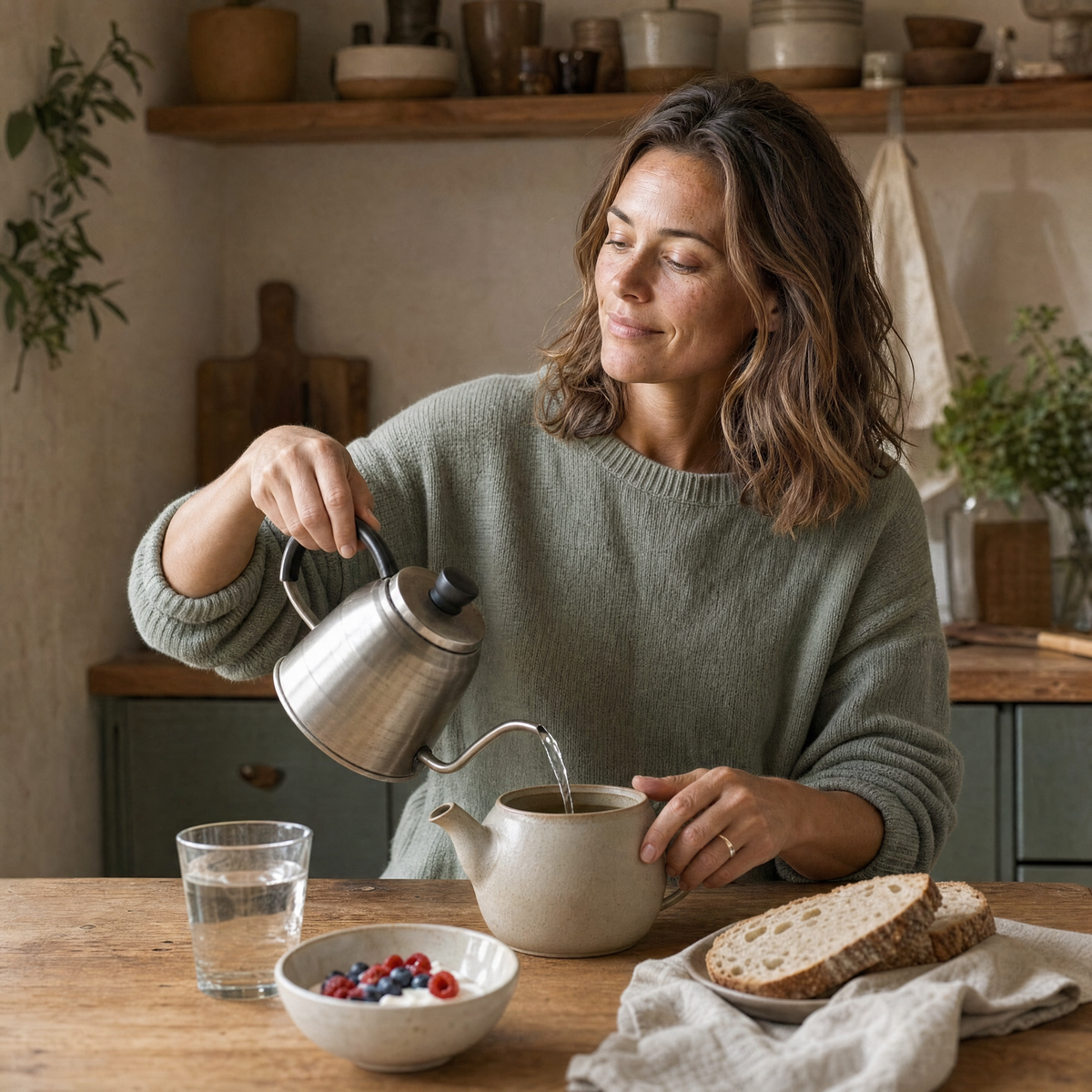 Woman pouring tea at a wooden table and preparing a simple breakfast